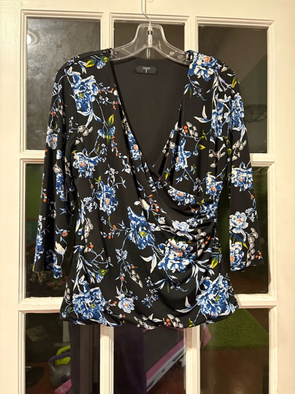 Womens Black Floral V-Neck Drape Top - Blue Floral